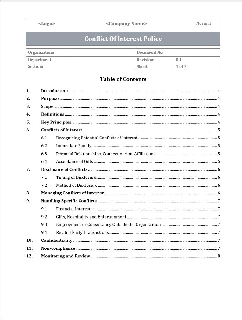Conflict Of Interest Policy Template ITSM Docs ITSM Documents