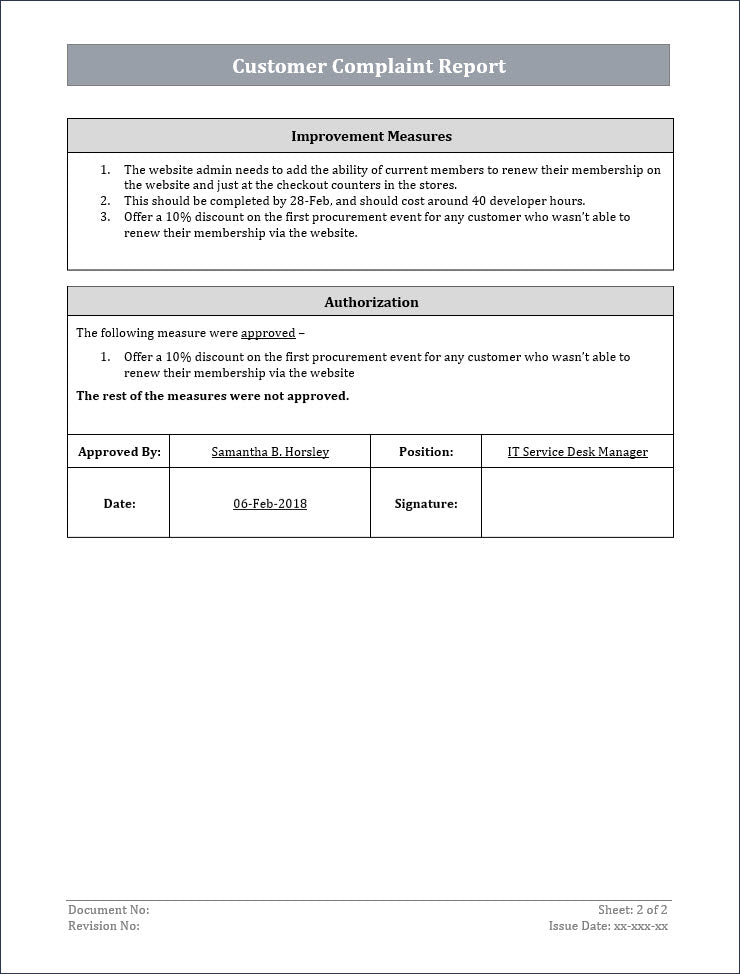 customer complaint report, ITSM customer complaint report