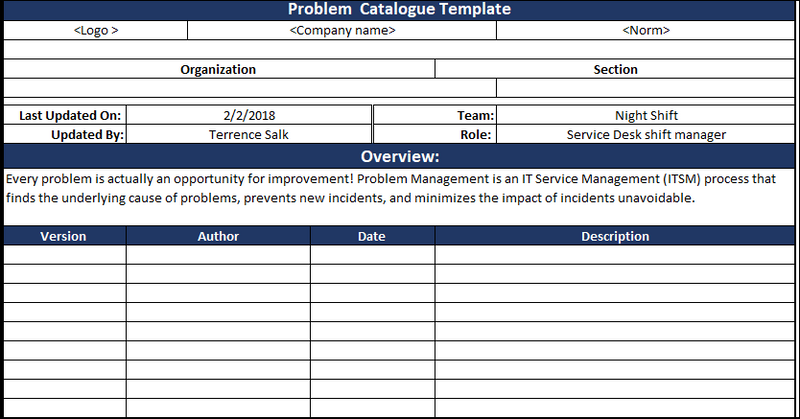 Problem Catalogue Excel Template 