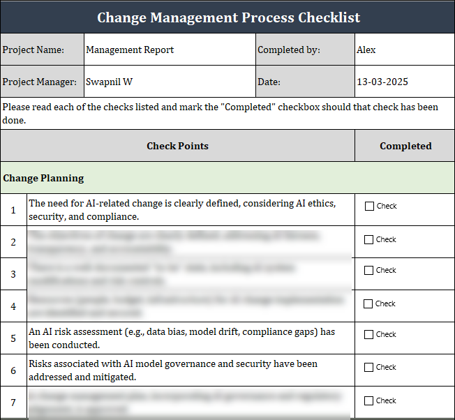 ISO 42001 AI Change Management Process Checklist Template