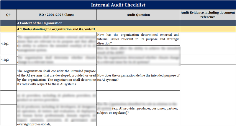 ISO 42001  Internal Audit Checklist Excel Template