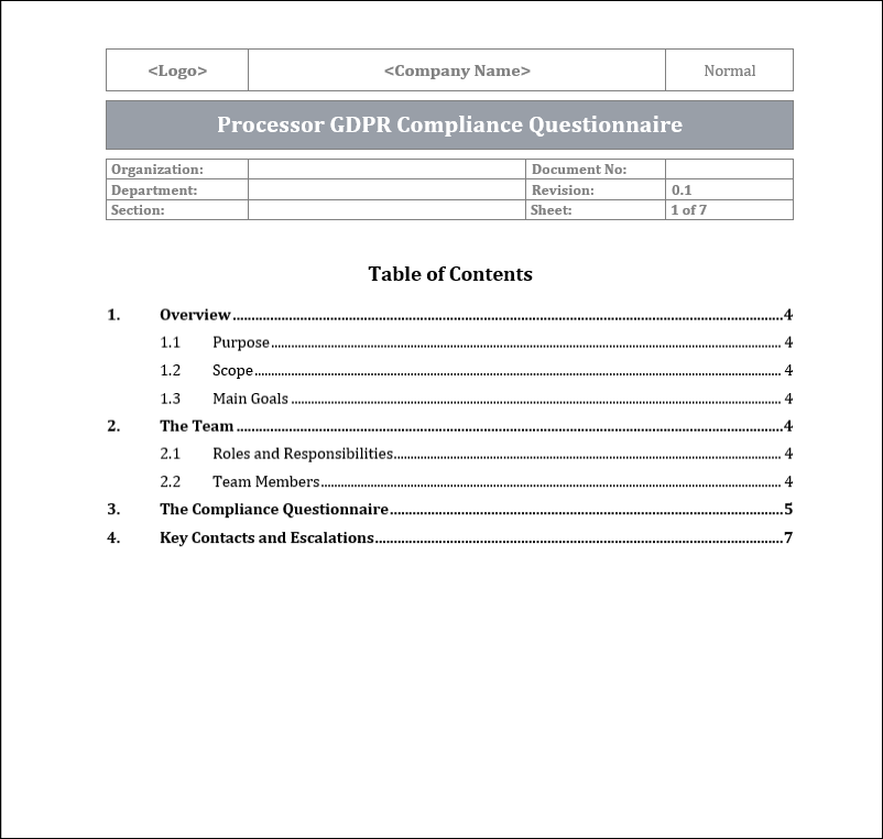 Data Processor Questionnaire Examples Processor GDPR Compliance Questionnaire – ITSM Docs - ITSM Documents ...