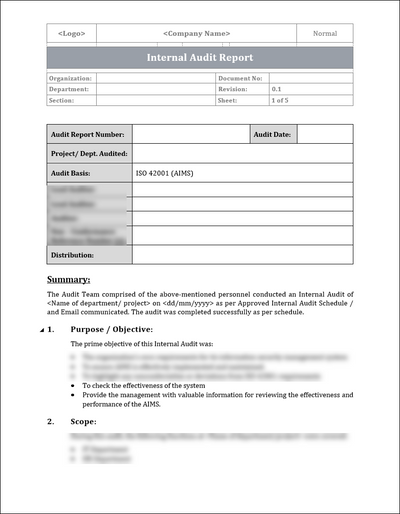 ISO 42001 Internal Audit Report Template