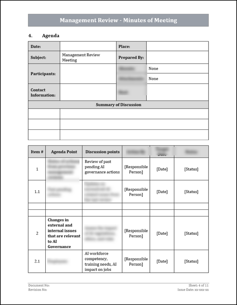 ISO 42001 Management Review Minutes of Meeting Template
