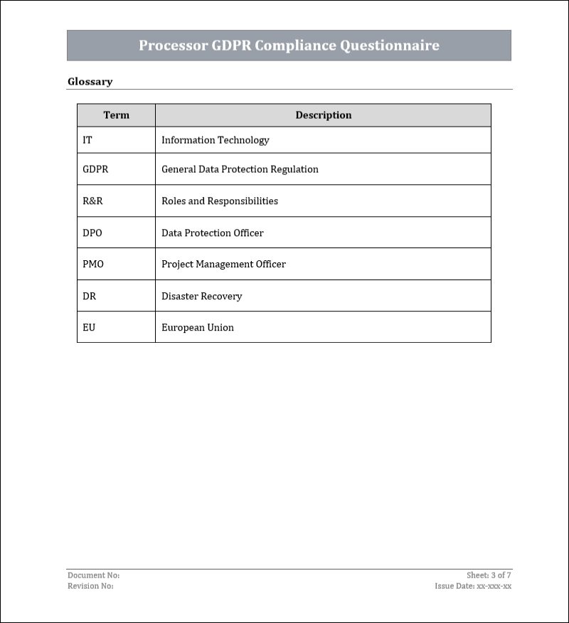 Data Processor Questionnaire Examples Processor GDPR Compliance Questionnaire – ITSM Docs - ITSM Documents ...