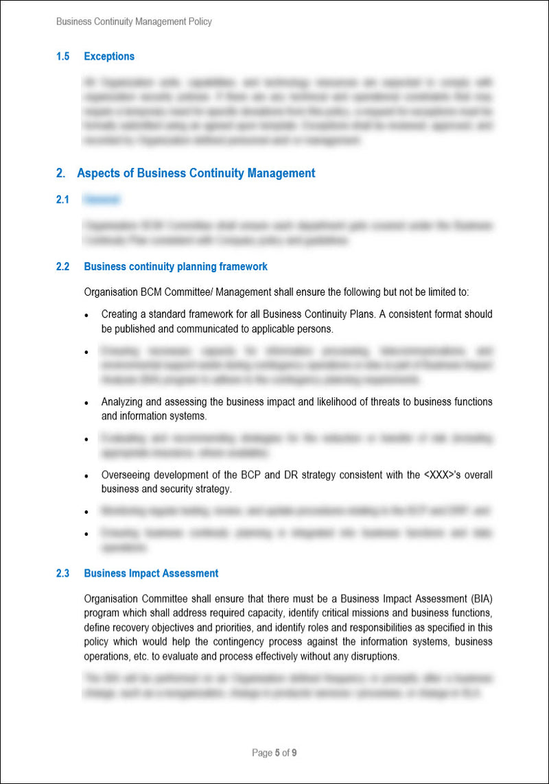 Business Continuity Management Policy Template