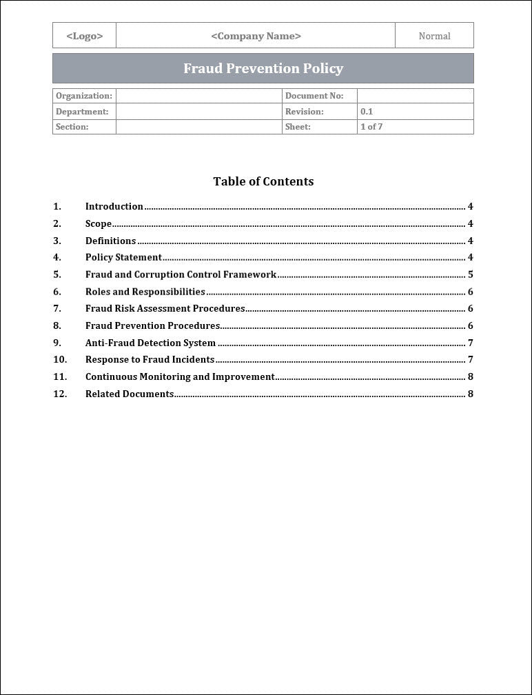 Fraud Prevention Policy Fraud Risk Assessment Procedures Template