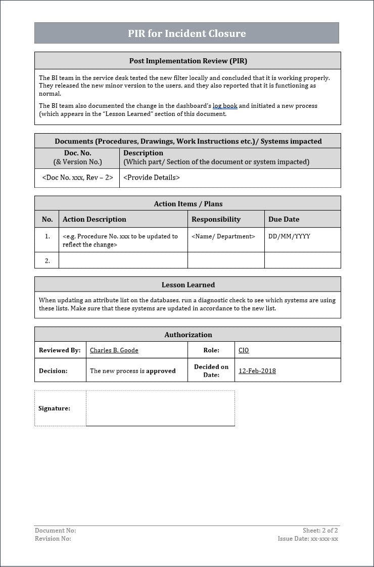 PIR for incident closure