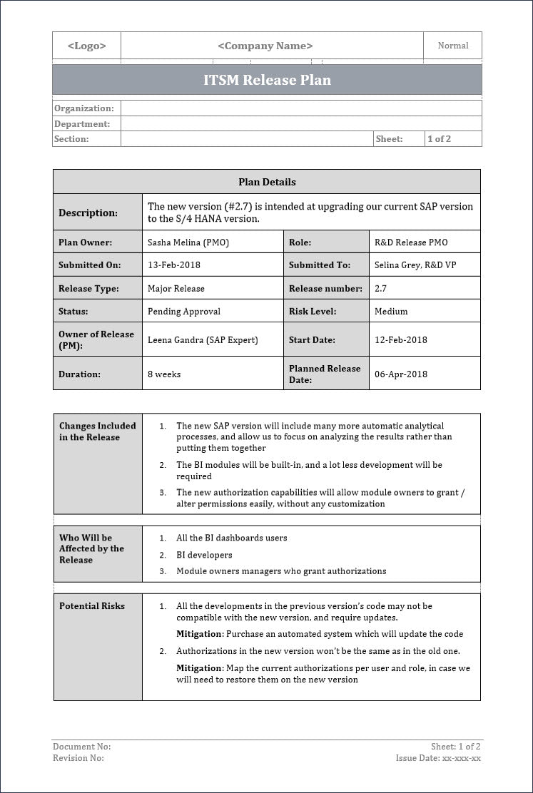 Release plan, ITSM Release plan