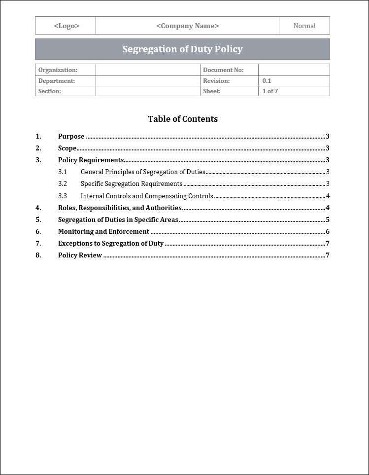 Segregation of Duty Policy Template