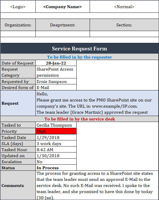 Service request form, ITSM Service request form