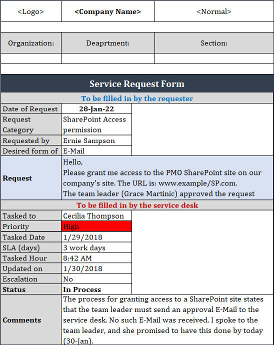 Service Request Form, ITSM Service Request Form