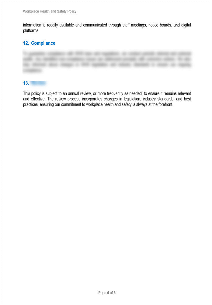 Workplace Health And Safety Policy Template