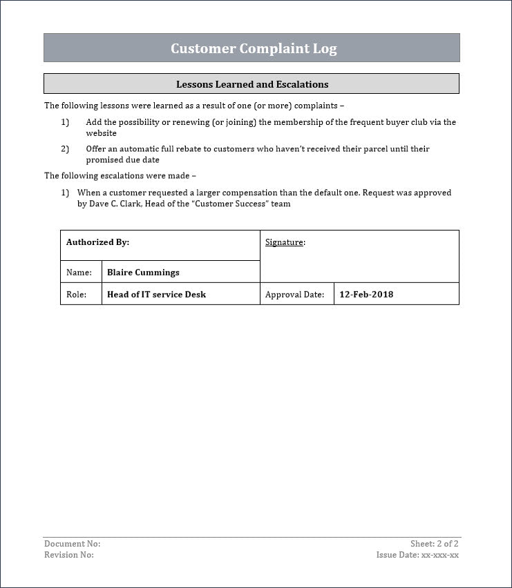 customer complaint log, ITSM customer complaint log