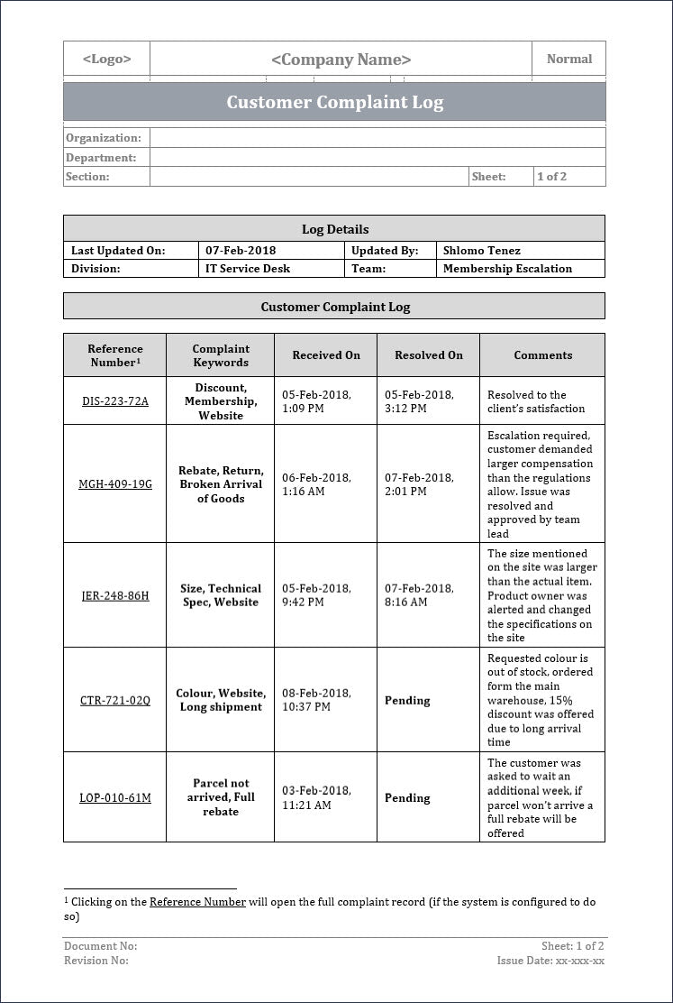 customer complaint log, ITSM customer complaint log