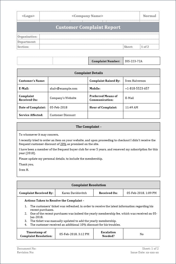 customer complaint report, ITSM customer complaint report