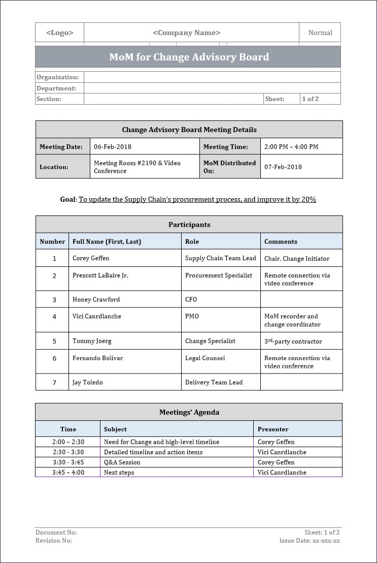 MOM for change advisory board, change advisory board, minutes of meeting