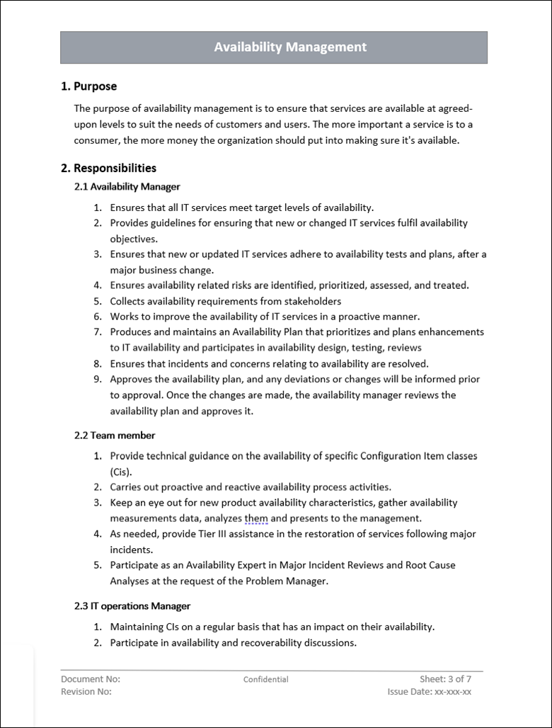 Availability Management Template