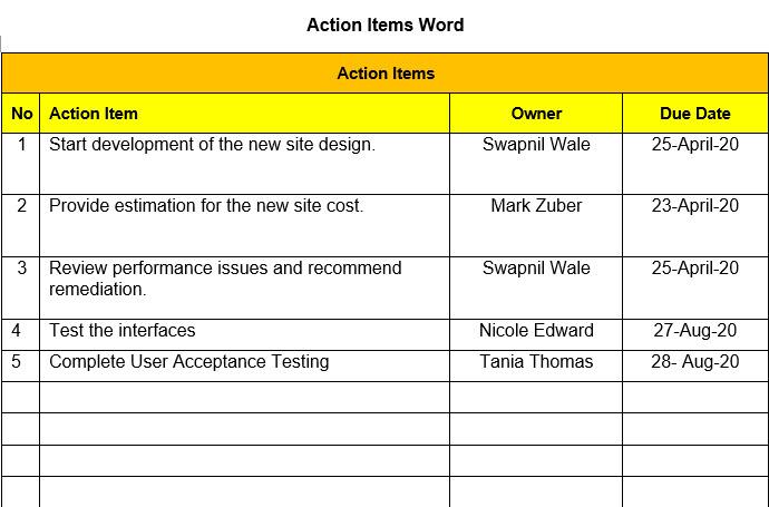 Action Items Word 