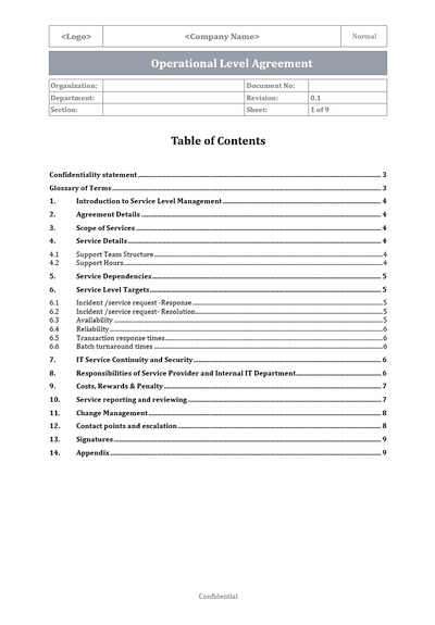 Operational Level Agreement Contents