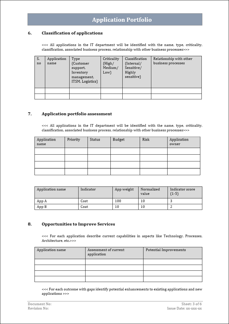 Application portfolio template, Application portfolio