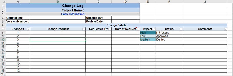 Project Log Template Excel