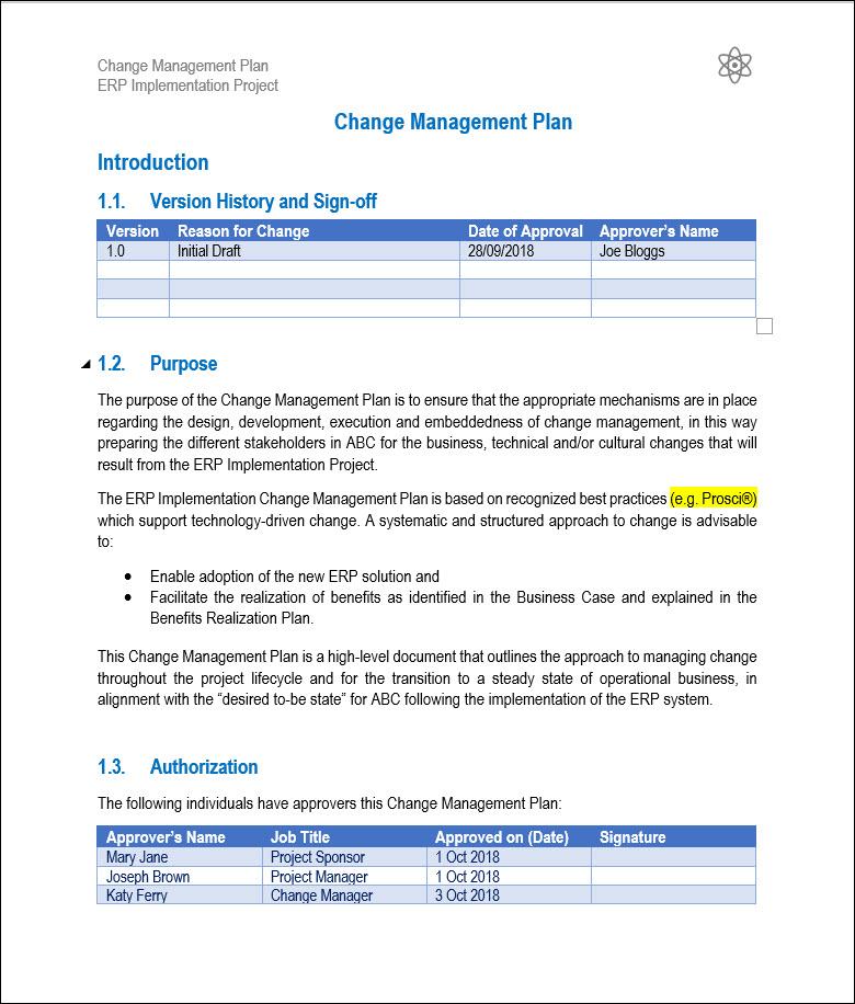 Change management Plan Template