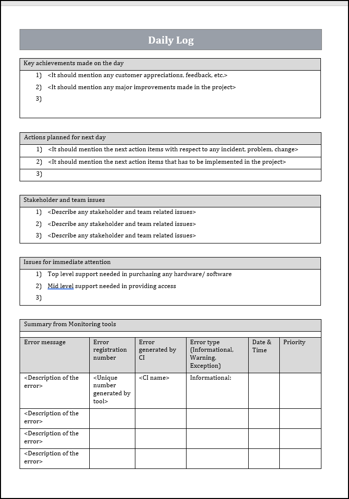 Daily Log Template – ITSM Docs - ITSM Documents & Templates
