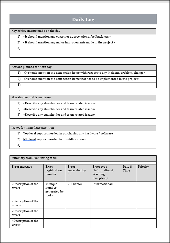 Daily log Word Template