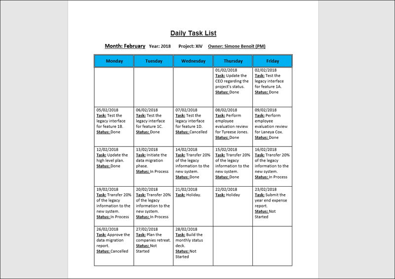 Daily Task List Word Template