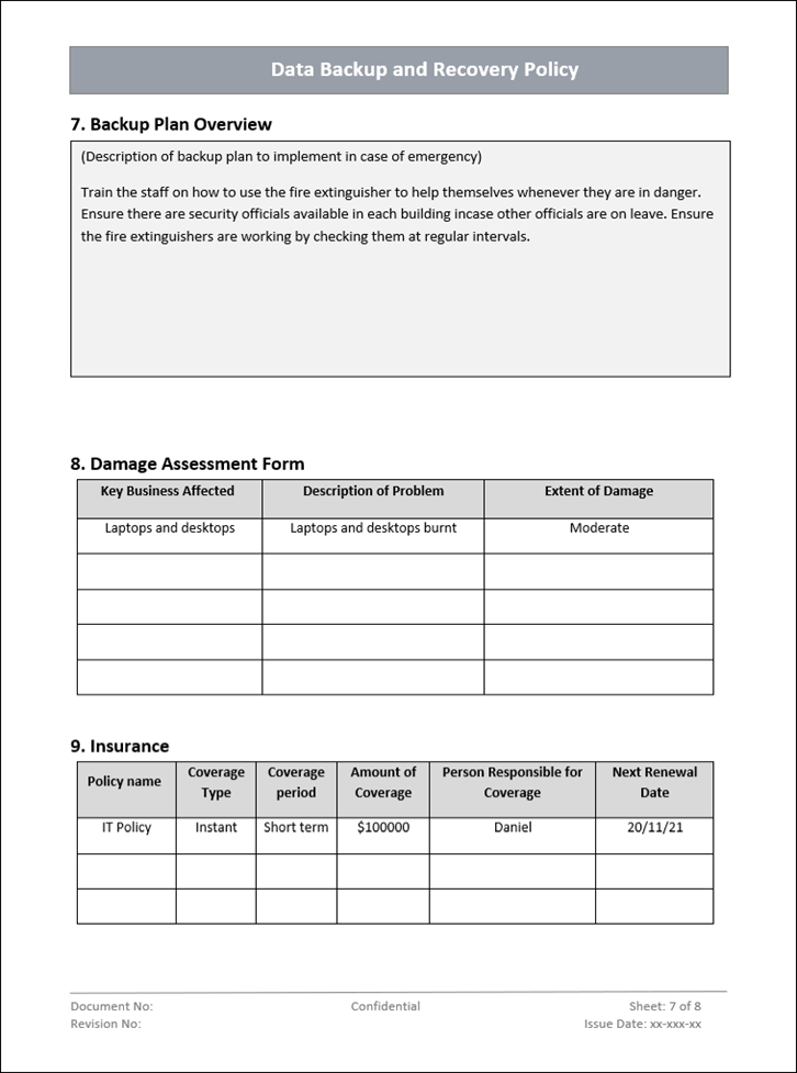 Data backup and recovery policy, Damage assessment form
