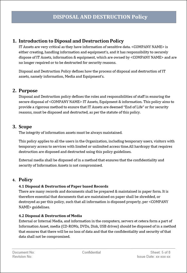 Secure Disposal Document Example Disposal and Destruction Policy – ITSM Docs - ITSM Documents & Templates