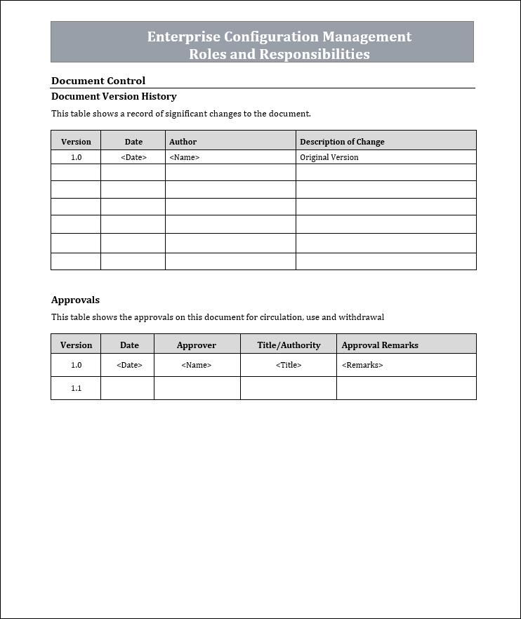 Enterprise CM roles and responsibilities, configuration management plan Template