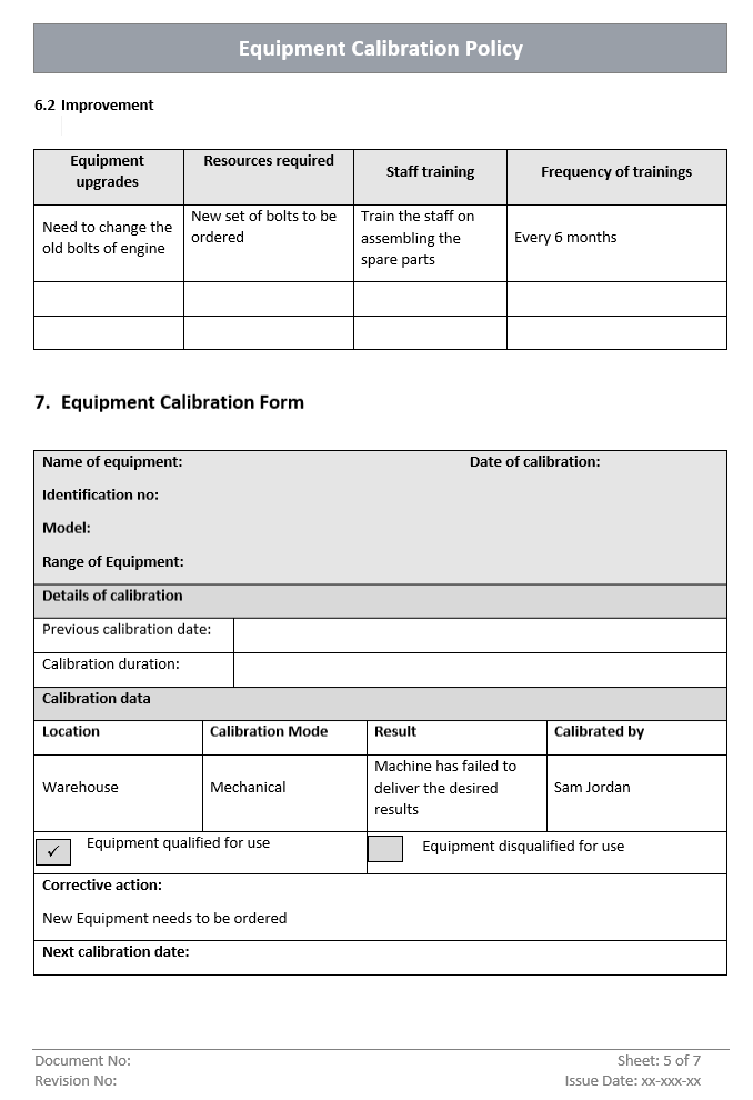 Equipment Calibration Policy Form