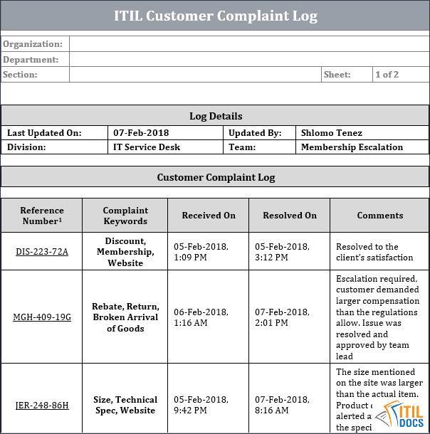 ITIL Customer Complaint Log