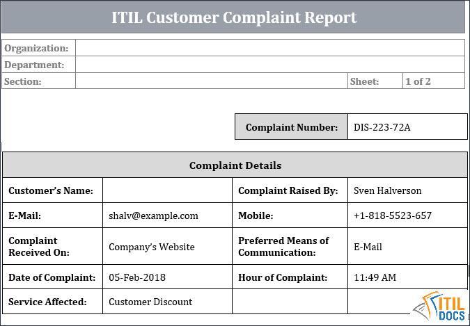 ITIL Customer Complaint Report