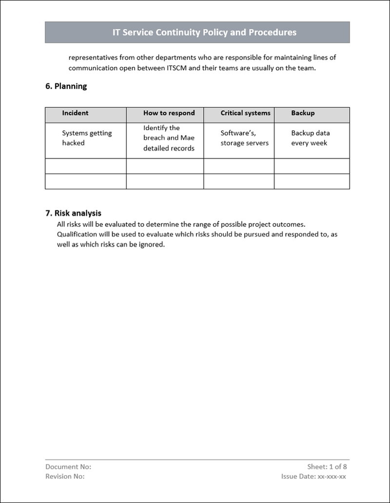 IT Service Continuity Policy Template Word