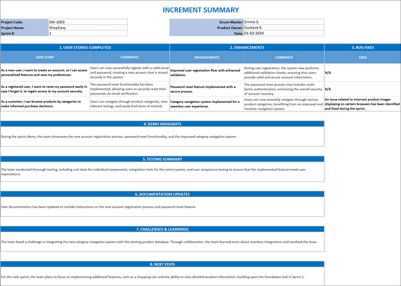 Increment Summary Template