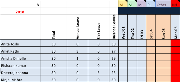 Monthly Leave Planner Excel Template