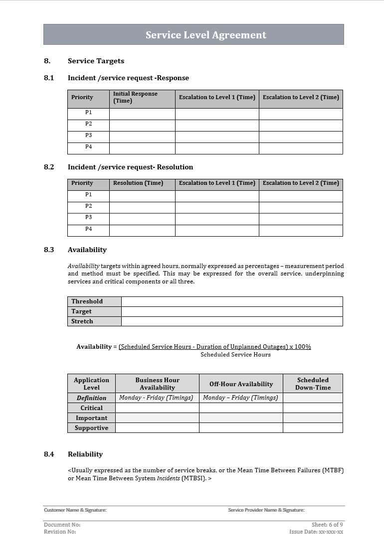 Service level agreement template page showing response resolution and availability targets