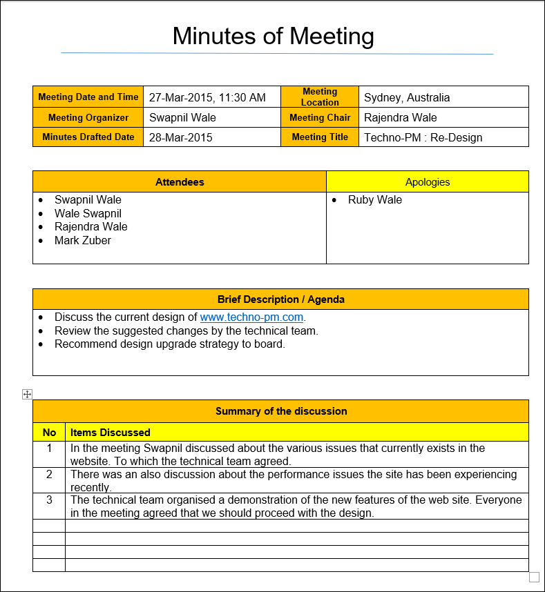 Minutes of Meeting Template