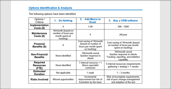 Options Analysis Word Example