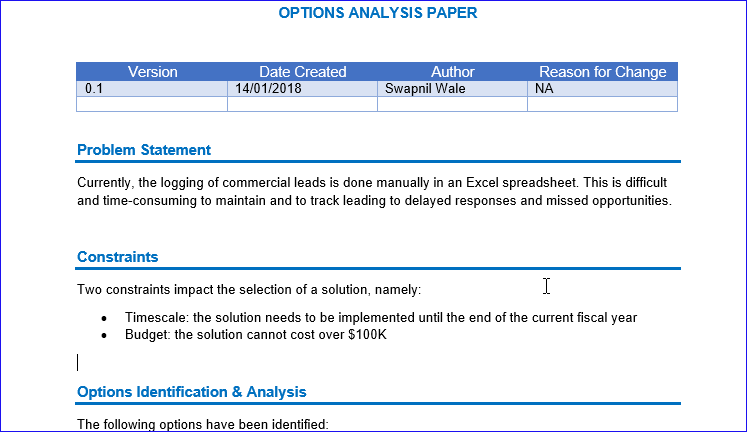 Options Sheet Example Options Analysis Word Example - Techno PM – ITSM Docs - ITSM Documents ...