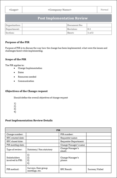 Post Implementation Review Model Post Implementation Review – ITSM Docs - ITSM Documents & Templates