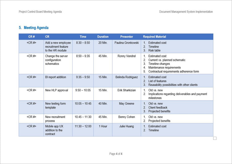 Project Control Board Meeting Agenda, Project Control Board