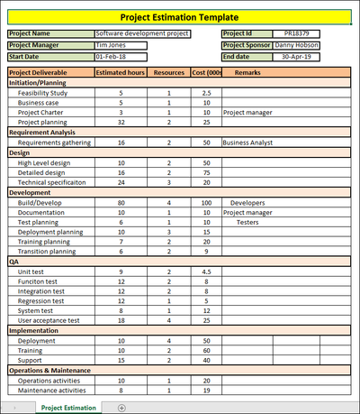 Project Estimate Template