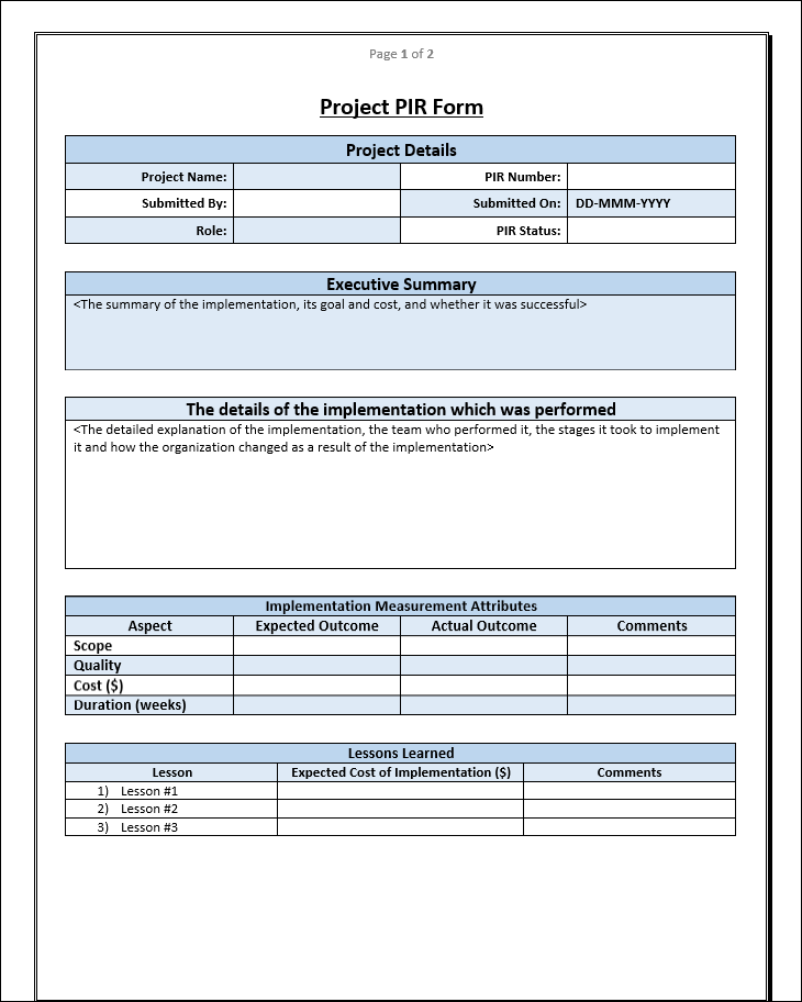 Project PIR Template, Project closure 