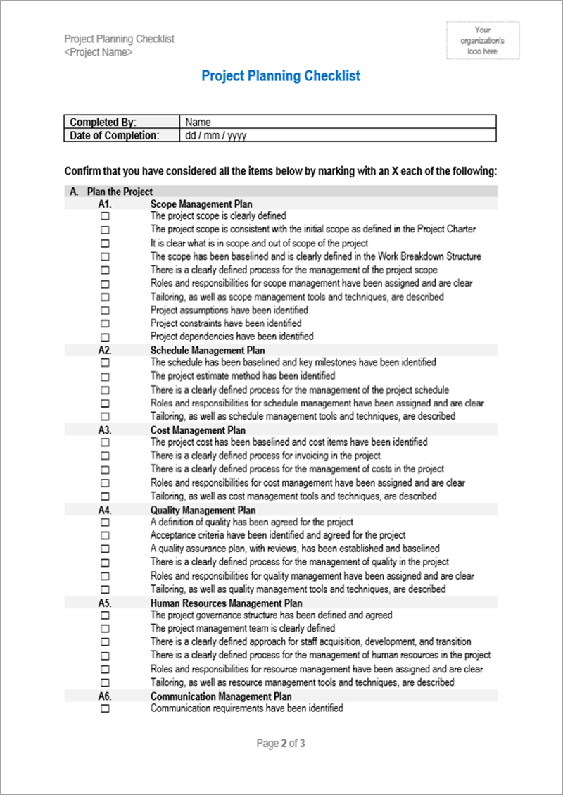 Project Planning Checklist