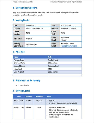 Project Team Meeting Agenda, Project Team
