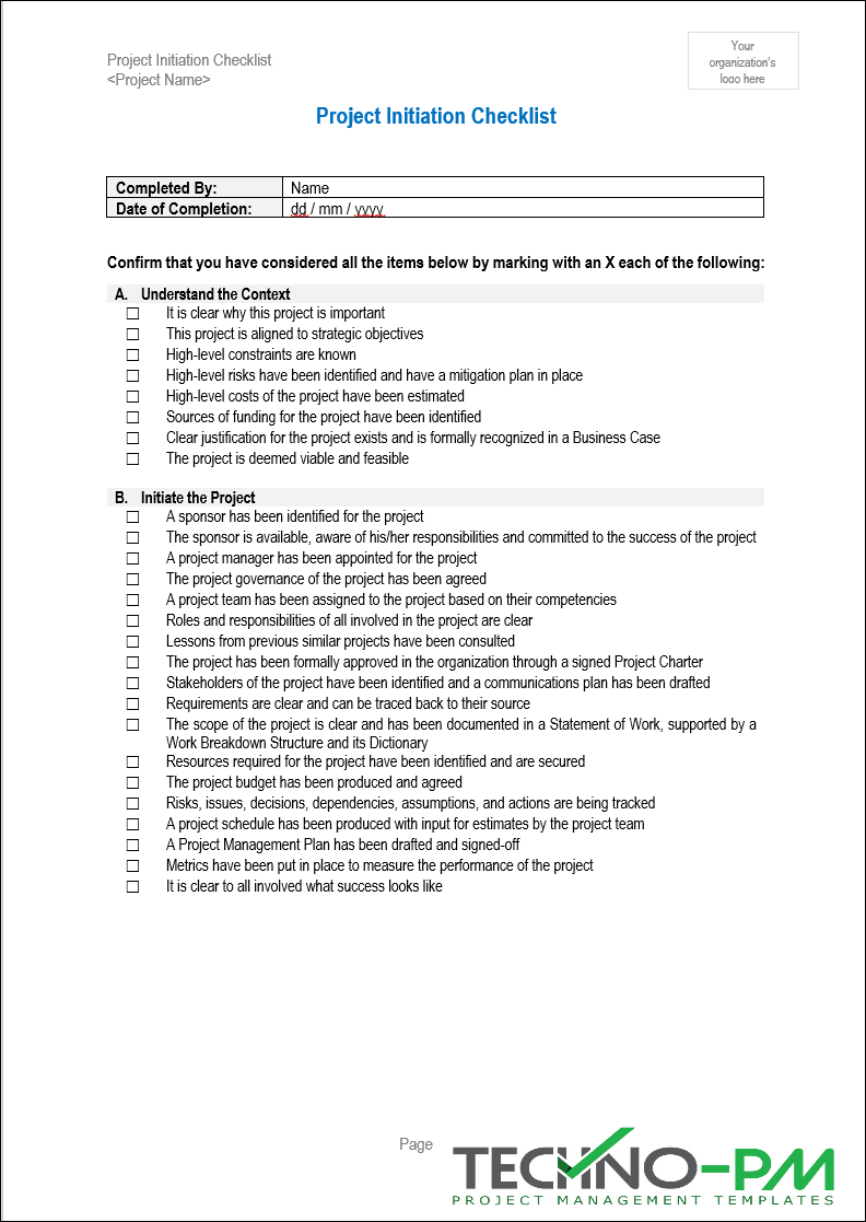 Project Initiation Checklist Template